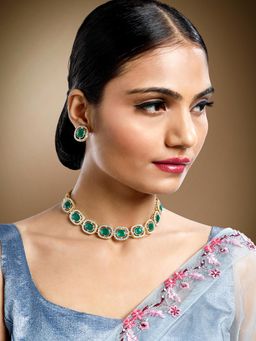 Peora - Gold Plated Green Synthetic Stone Studded Fancy Choker Necklace and Stud Earrings (Set of 2)
