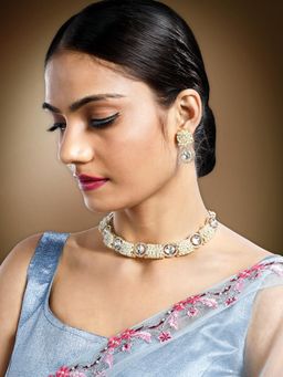 Peora - Gold Plated White Synthetic Stone Beads Studded Choker Necklace and Drop Earrings (Set of 2)