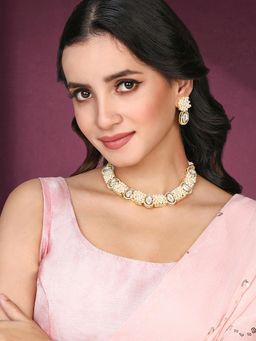 Peora - White Synthetic Stone Cubic Zirconia and Beads Studded Necklace Earrings for Women (Set of 2)