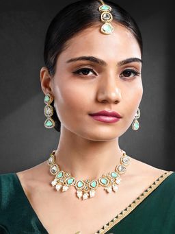 Peora - Sky Blue Synthetic Stone Studded Necklace Earrings Maangtikka (Set of 3)