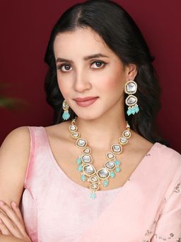 Peora - Gold Plated Sky Blue Synthetic Stone Studded Necklace Earrings (Set of 2)