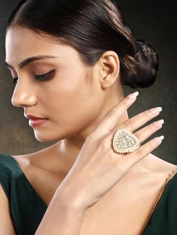 Peora - Gold Plated White Synthetic Stone Studded Finger Ring Adjustable Statement