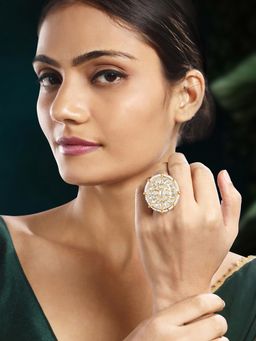 Peora - Gold Plated White Synthetic Stone Studded Finger Ring Adjustable Statement