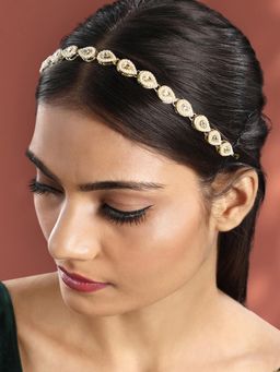 Peora - Gold Plated White Kundan and Beads Studded Mathapatti Hair Accessories Jewellery