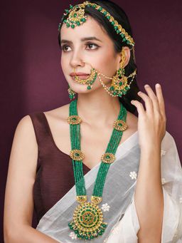 Peora - Green Kundan Studded Necklace Maatha Patti Earrings Nathiya Finger Ring Bridal (Set of 5)