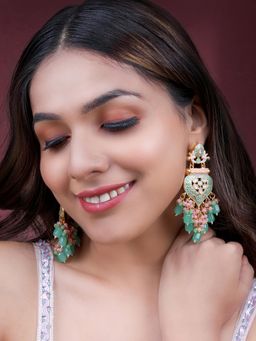 Peora - Gold Plated Mint and Pink Synthetic Stone Studded Earrings Ethnic