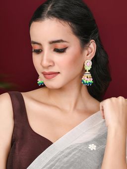 Peora - Gold Plated Multi Color Synthetic Stone Studded Jhumki Earrings for Women (Set of 2)