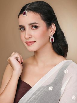 Peora - Red Crystal and Cubic Zirconia Studded Earrings and Maangtikka for Women (Set of 2)