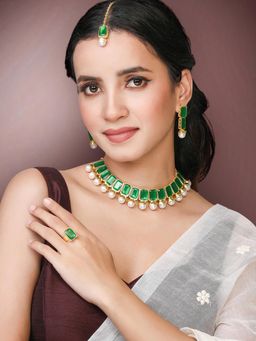 Peora - Green Synthetic Stone and Pearl Studded Necklace Earrings Maangtikka Finger Ring (Set of 4)