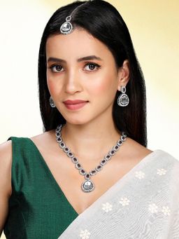Peora - Gold Plated Maroon Synthetic Stone and CZ Studded Necklace Earrings and Maangtikka (Set of 3)