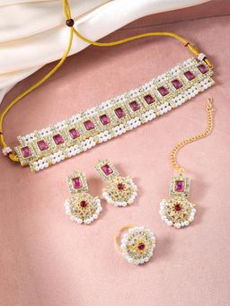 Peora - Purple Synthetic Stone CZ Studded Necklace Earrings Maangtikka Finger Ring (Set of 4)