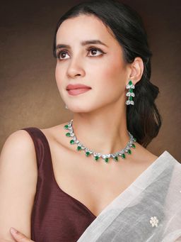 Peora - Silver Plated Green Crystal and Synthetic Stone Studded Necklace Drop Earrings (Set of 2)