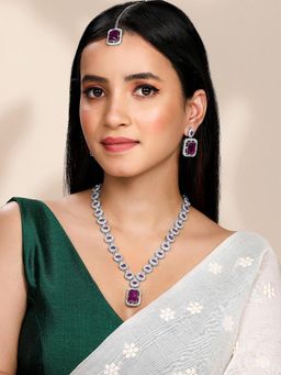 Peora - Purple Synthetic Stone and Cubic Zirconia Studded Necklace Earrings Maangtikka (Set of 3)