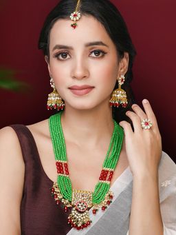 Peora - Rani Pink Green Kundan and Beads Studded Necklace Earrings Maangtikka Finger Ring (Set of 4)