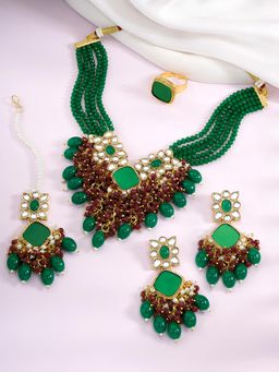 Peora - Green Maroon Synthetic Stone Beads Studded Necklace Earrings Maangtikka Ring (Set of 4)