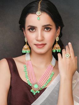 Peora - Pink Mint Synthetic Stone Studded Necklace Earrings Maangtikka Ring (Set of 4)