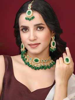 Peora - Green Kundan and Beads Studded Necklace Earrings Maangtikka Finger Ring (Set of 4)