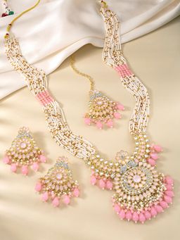 Peora - Gold Plated Pink Kundan and Beads Studded Long Necklace Earrings Maangtikka (Set of 3)