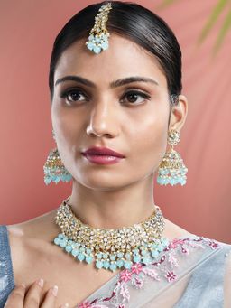 Peora - Gold Plated Kundan and Sky Blue Beads Studded Necklace Earrings and Maangtikka (Set of 3)