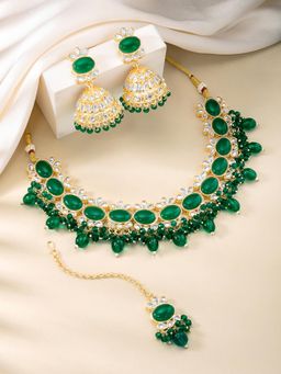 Peora - Green Synthetic Stone Kundan and Beads Studded Necklace Jhumki Earrings Maangtikka (Set of 3)