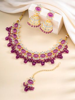 Peora - Purple Synthetic Stone Studded Necklace Jhumki Earrings Maangtikka (Set of 3)