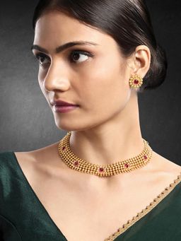 Peora - Gold Plated Rani Pink Synthetic Stone Studded Necklace and Stud Earrings Ethnic (Set of 2)