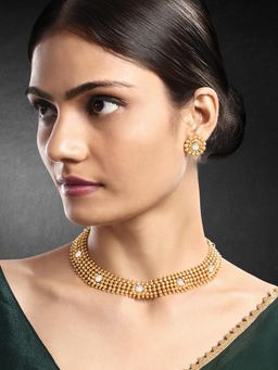 Peora - Gold Plated White Synthetic Stone Studded Necklace and Stud Earrings Ethnic (Set of 2)