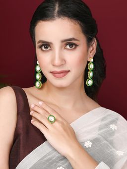 Peora - Gold Plated Synthetic Stone and Green Beads Studded Earrings and Finger Ring (Set of 2)