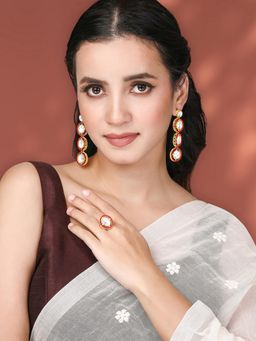 Peora - Red Synthetic Stone Studded Earrings and Finger Ring for Women (Set of 2)