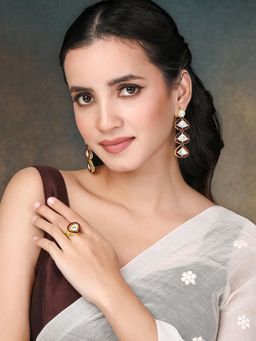 Peora - Maroon Synthetic Stone Studded Earrings and Finger Ring for Women (Set of 2)