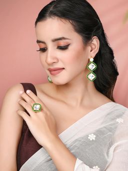 Peora - Synthetic Stone and Green Beads Studded Earrings and Finger Ring Gift (Set of 2)