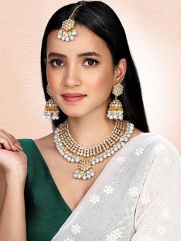 Peora - Gold Plated White Kundan and Beads Studded Necklace Jhumki Earrings Maangtikka (Set of 3)