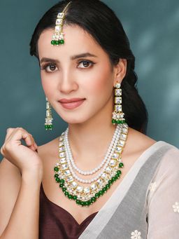 Peora - Synthetic Stone and Green Beads Studded Necklace Earrings and Maangtikka (Set of 3)