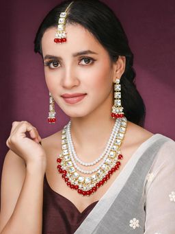 Peora - White Red Synthetic Stone Studded Necklace Earrings Maangtikka for Women (Set of 3)
