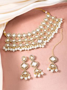 Peora - Gold Plated White CZ Crystal and Beads Studded Necklace Earrings Maangtikka (Set of 3)