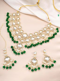 Peora - Green CZ Crystal and Beads Studded Necklace Earrings Maangtikka Gift (Set of 3)