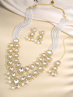 Peora - White CZ Crystal and Beads Studded Long Necklace Earrings Maangtikka (Set of 3)