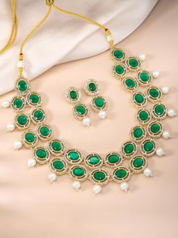 Peora - Gold Plated Green CZ Synthetic Stone Studded Necklace Drop Earrings (Set of 2)