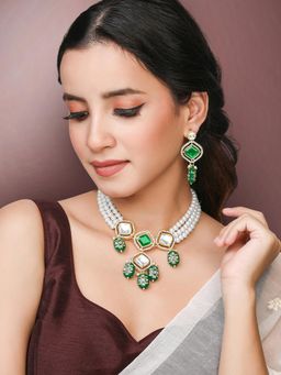 Peora - Gold Plated Green Synthetic Stone CZBeads Studded Necklace Drop Earrings (Set of 2)