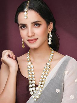 Peora - White Synthetic Stone and CZ Studded Long Necklace Earrings Maangtikka (Set of 3)