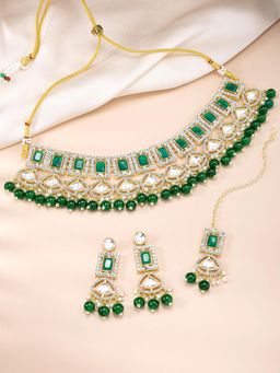 Peora - Green CZ Synthetic Stone Studded Necklace Earrings Maangtikka (Set of 3)