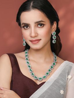 Peora - Gold Plated Green CZSynthetic Stone Studded Long Necklace Drop Earrings (Set of 2)