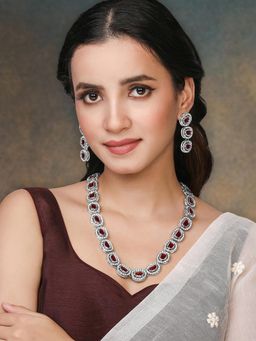 Peora - Maroon Cubic Zirconia and Synthetic Stone Studded Necklace Earrings for Women (Set of 2)