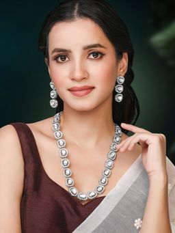 Peora - Silver Plated White Kundan and CZ Studded Long Necklace Earrings for Women (Set of 2)