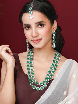 Peora - Green Synthetic Stone and CZ Studded 2 Layer Necklace Earrings and Maangtikka (Set of 3)