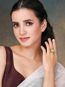 Peora - Gold Plated White Synthetic Stone and Green Beads Studded Adjustable Finger Ring