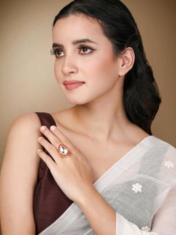 Peora - Gold Plated White Synthetic Stone and Rani Pink Beads Studded Adjustable Finger Ring