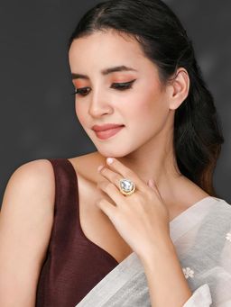 Peora - Gold Plated White Synthetic Stone Studded Adjustable Finger Ring for Women