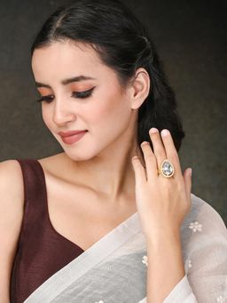 Peora - Gold Plated White Synthetic Stone Studded Adjustable Finger Ring for Women