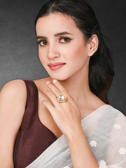 Peora - Gold Plated White Synthetic Stone Studded Adjustable Finger Ring for Women